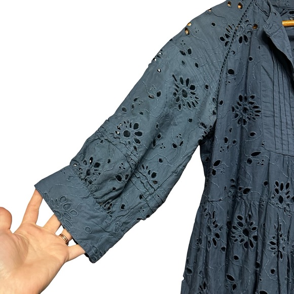 Anthropologie dRA Yara Mini Tiered Babydoll Dress Medium Eyelet 3/4 Sleeve Blue - Picture 8 of 12